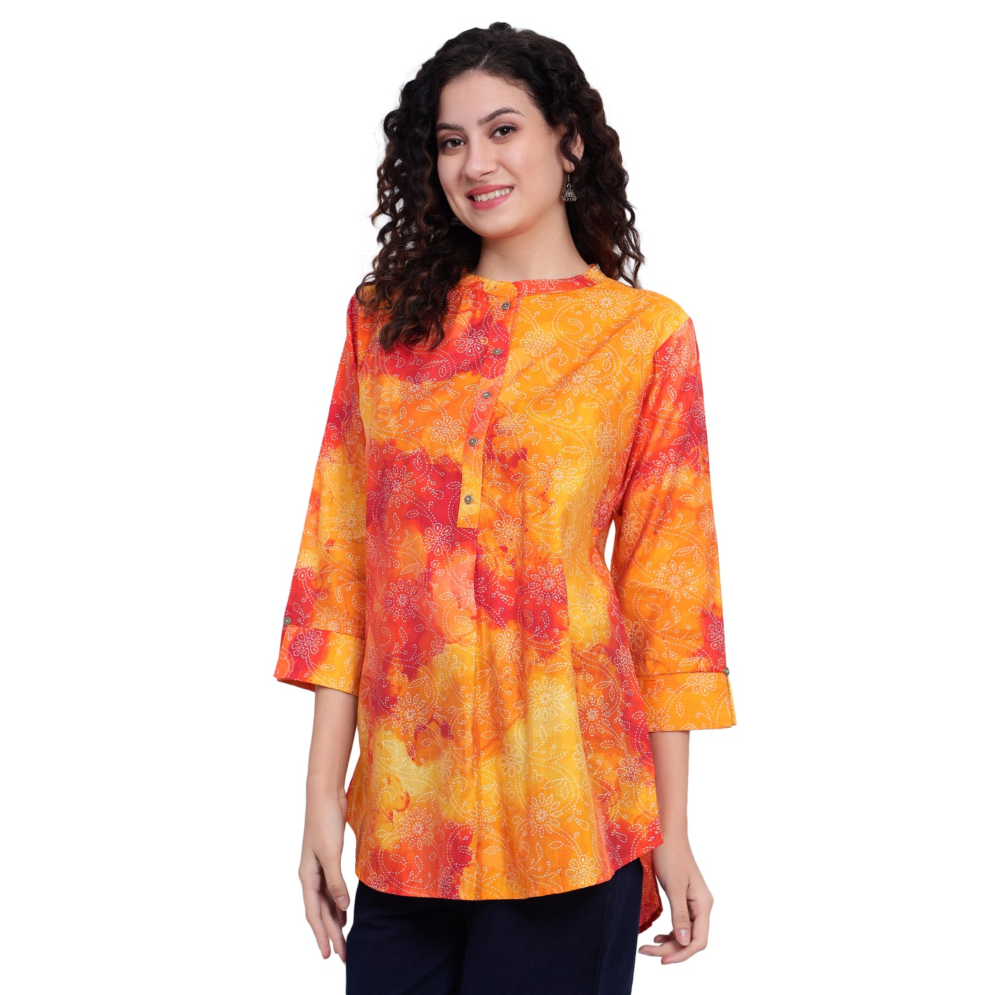 Orange Foil Printed Cotton Short Kurta