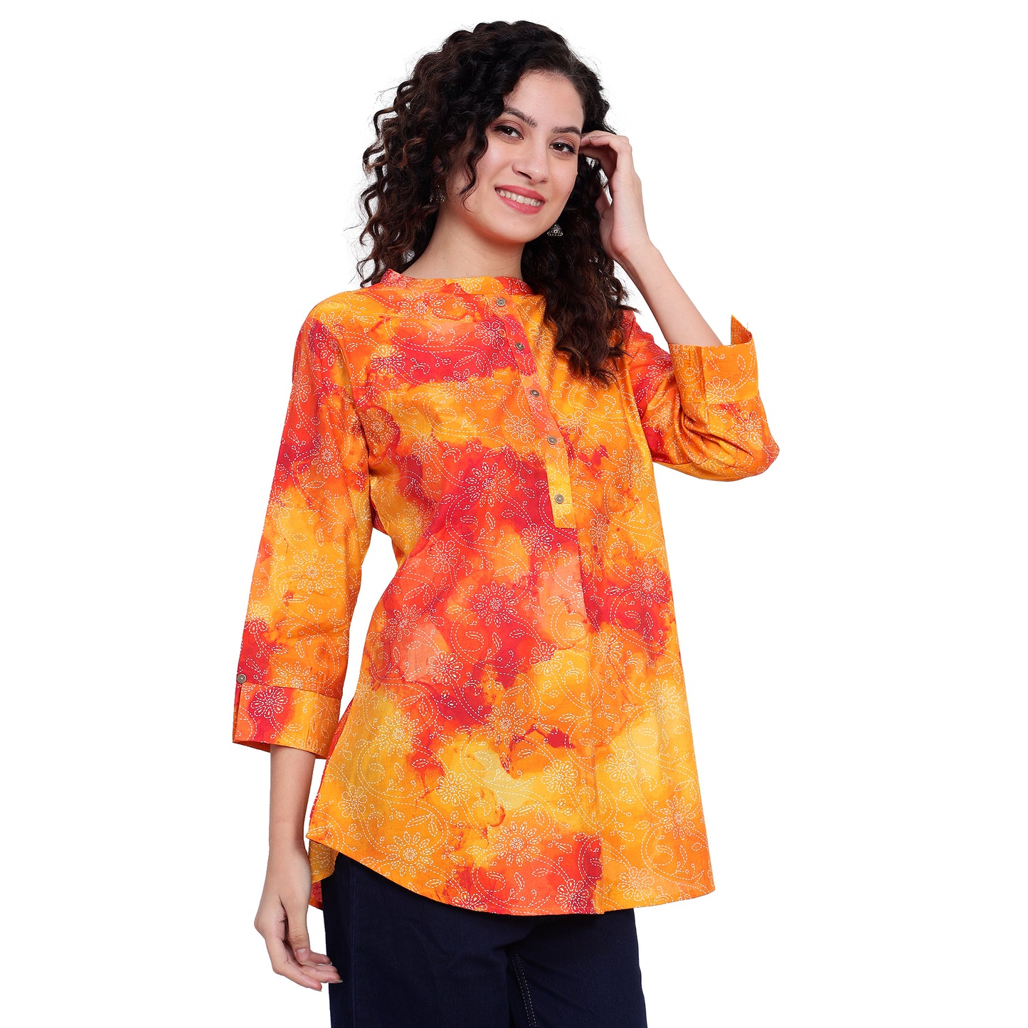 Orange Foil Printed Cotton Short Kurta