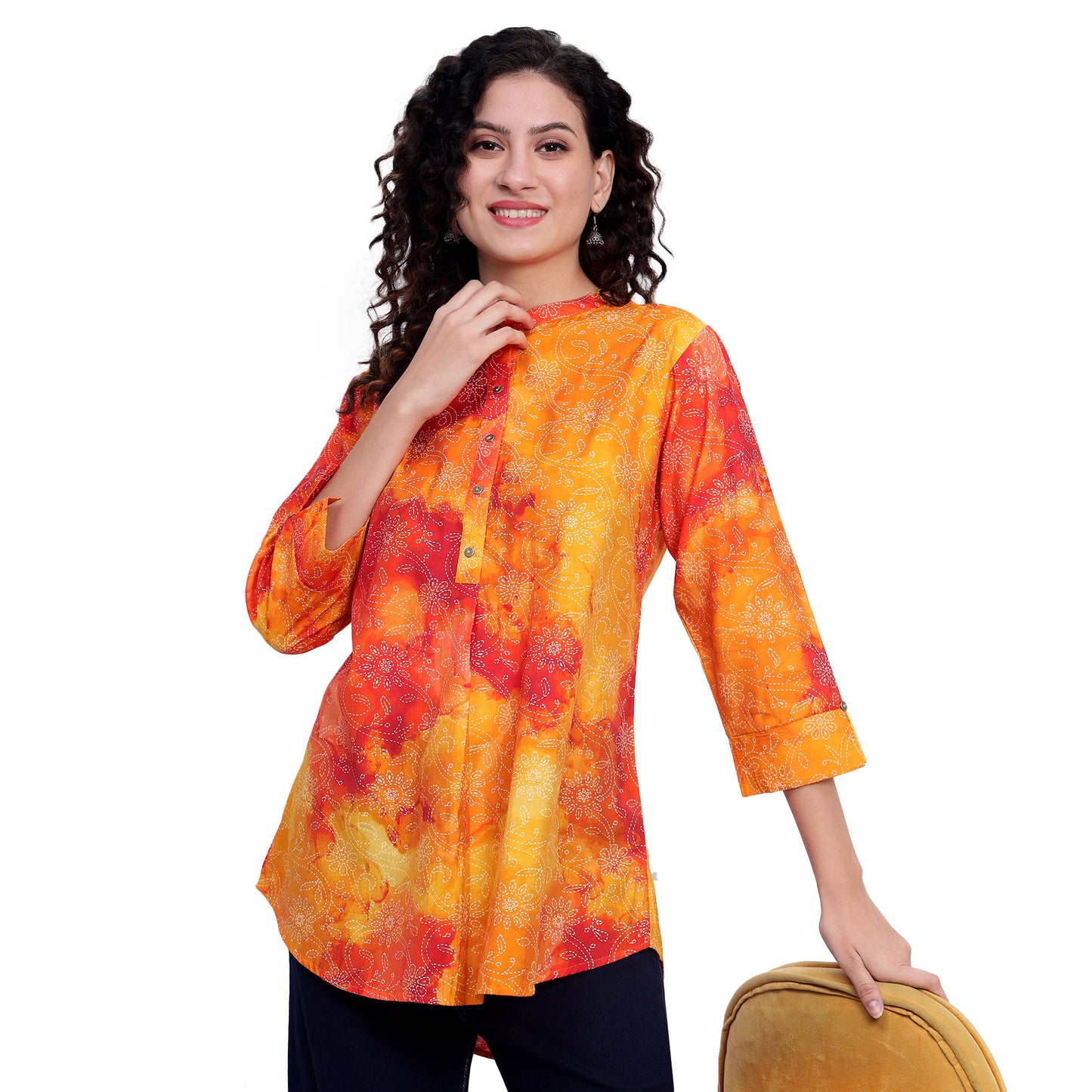 Orange Foil Printed Cotton Short Kurta