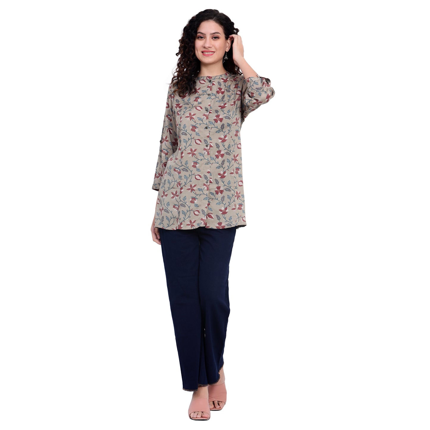 Taupe Foil Printed Rayon Silk Short Kurta