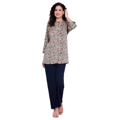 Taupe Foil Printed Rayon Silk Short Kurta