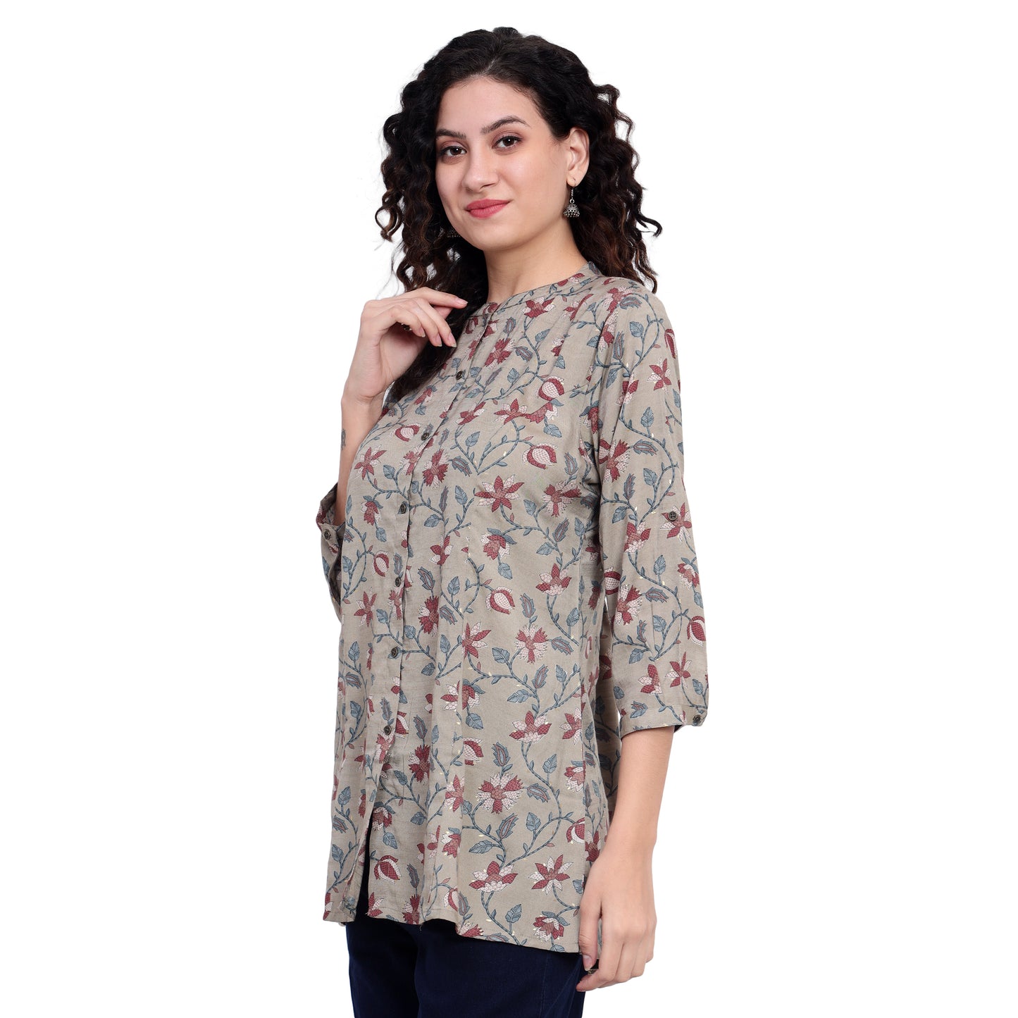 Taupe Foil Printed Rayon Silk Short Kurta