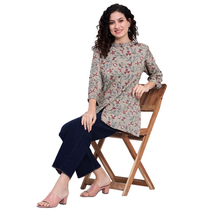 Taupe Foil Printed Rayon Silk Short Kurta