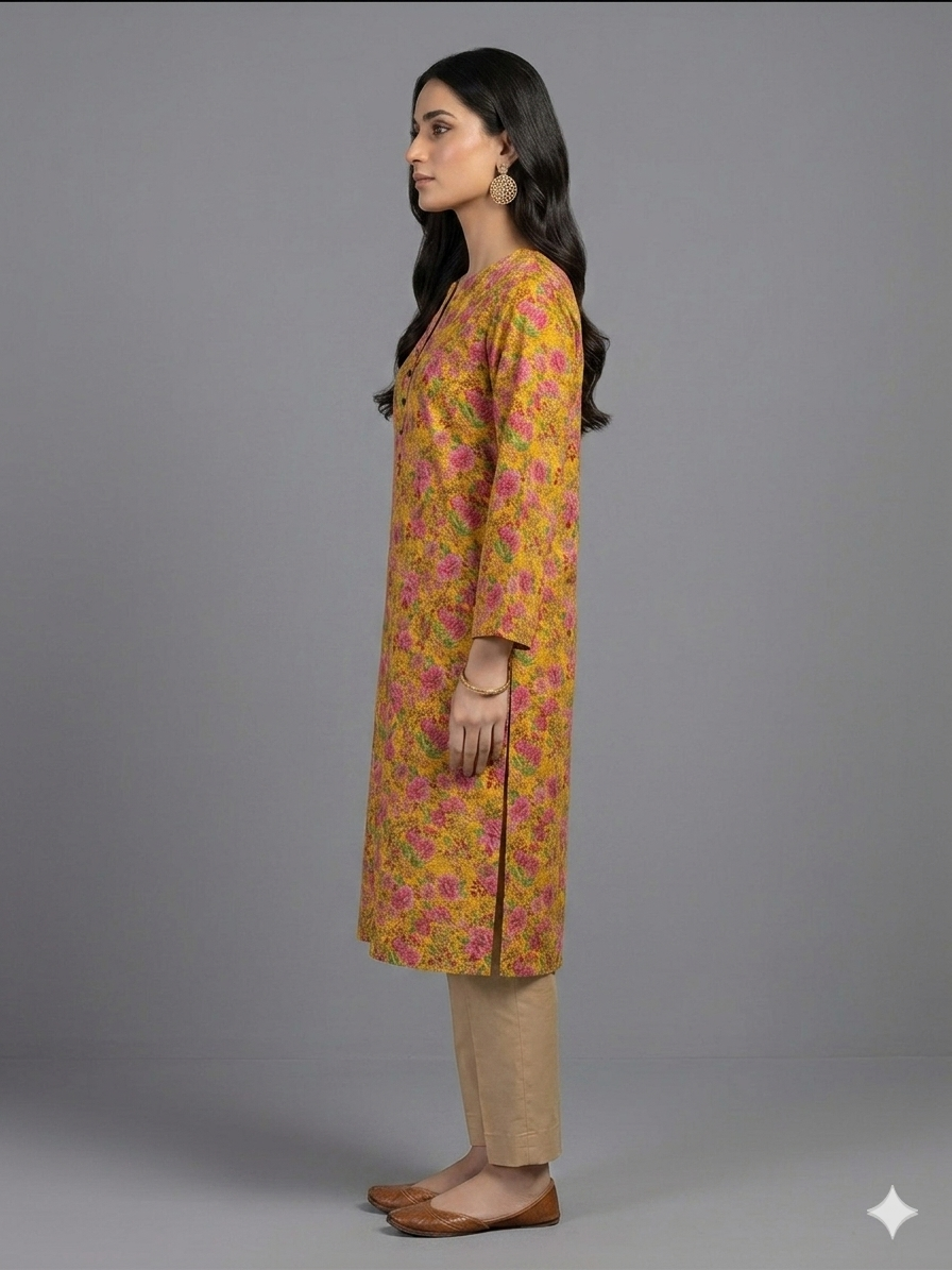 Mustard Yellow Printed Cotton Kurta