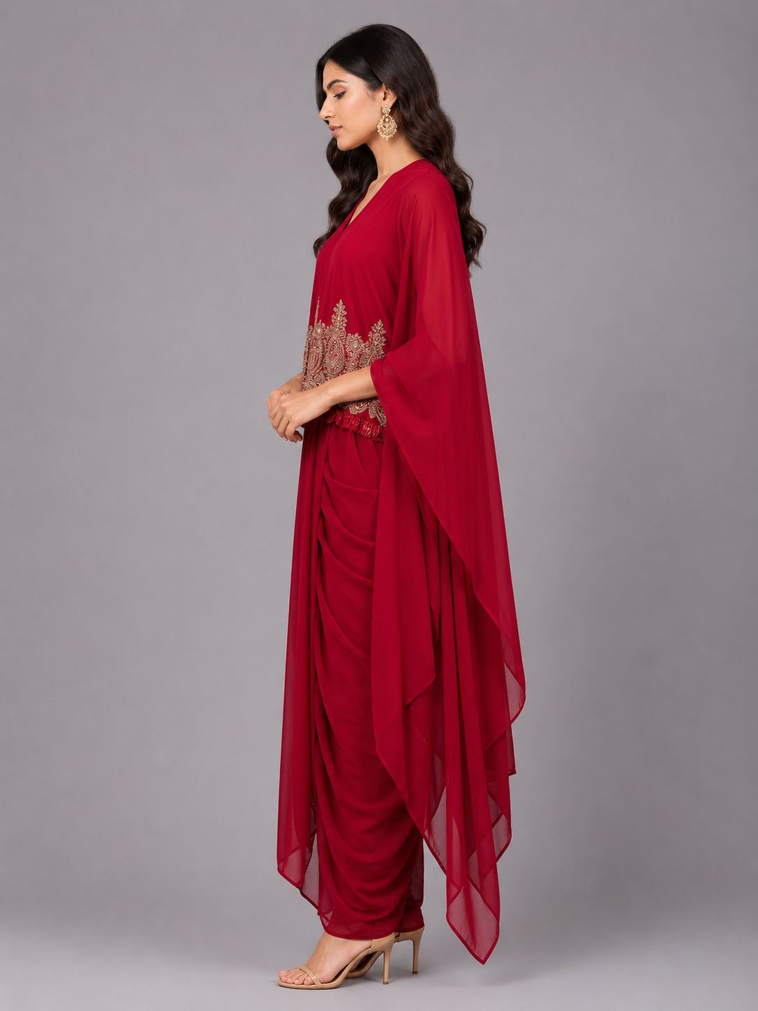 Red georgette cape set with cowl drape skirt