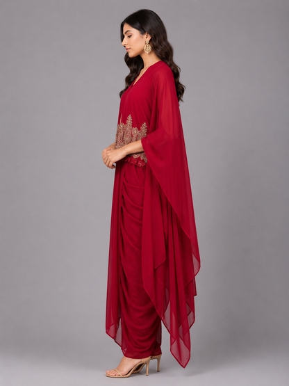 Red georgette cape set with cowl drape skirt