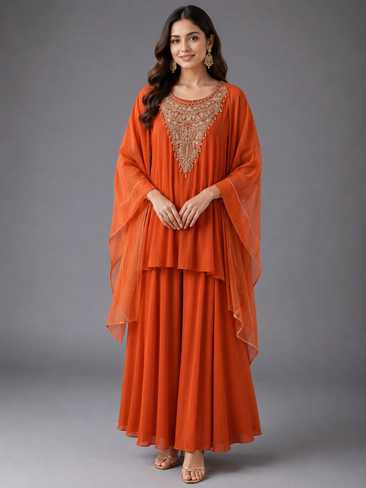 Orange Satin Embellish Flat Pant with shirt Dupatta