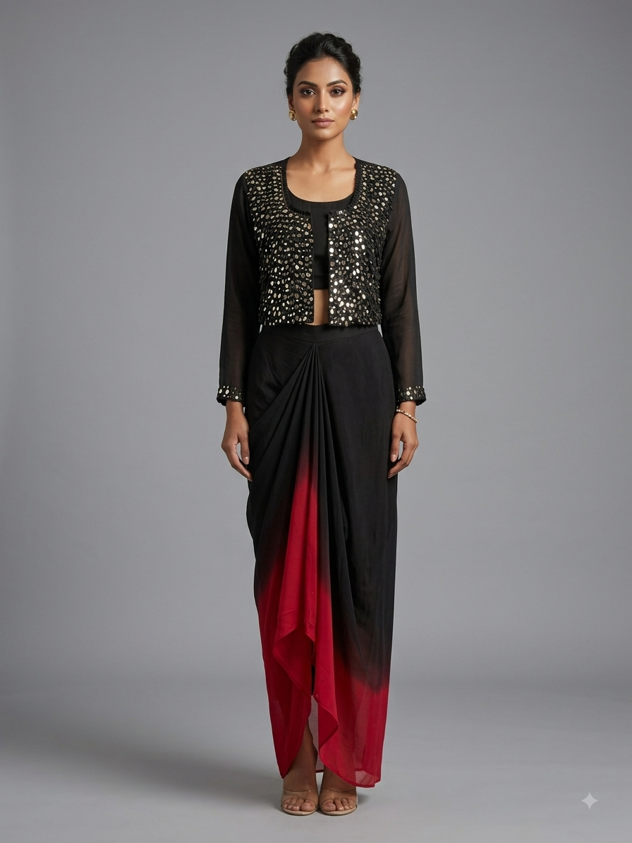 Black Ombre Silk Mirror Work Jacket Set with Draped Skirt