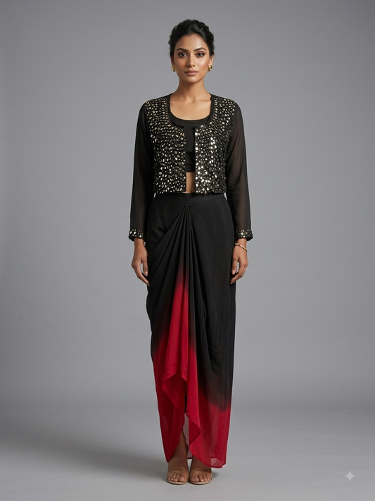 Black Ombre Silk Mirror Work Jacket Set with Draped Skirt