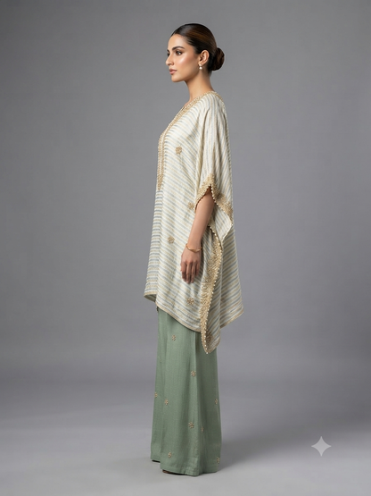 Beige,Green Tishu Silk Cord Set
