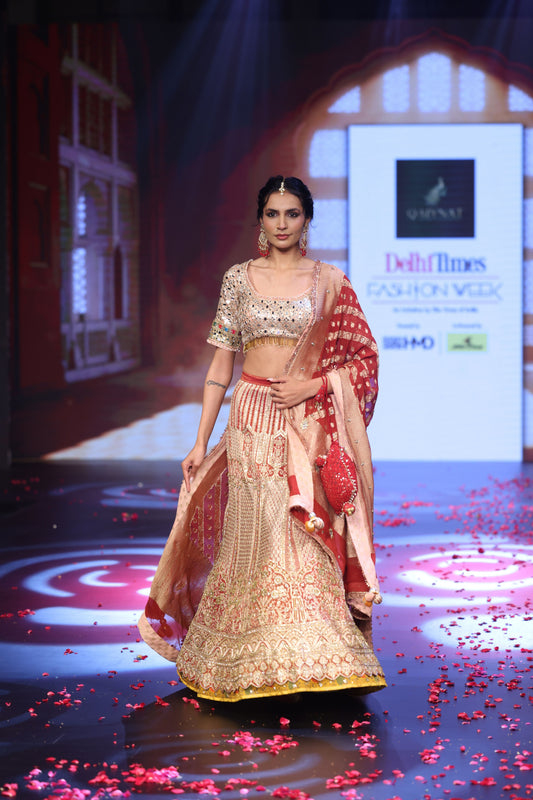Ghungroo Brick Red & Peach Banarsi Lehenga with Polki & Mirror Work