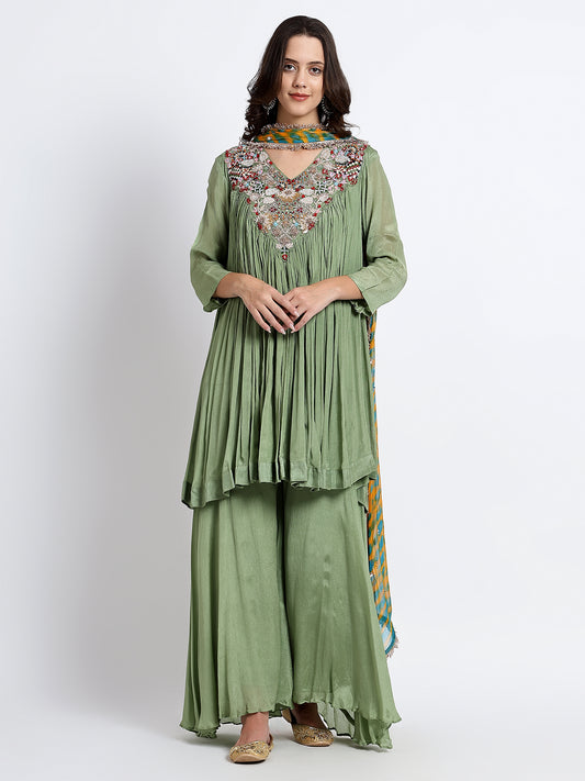 Mint Green Georgette Hand Embroidered kurta Set With Flared Garara Pants and Dupatta