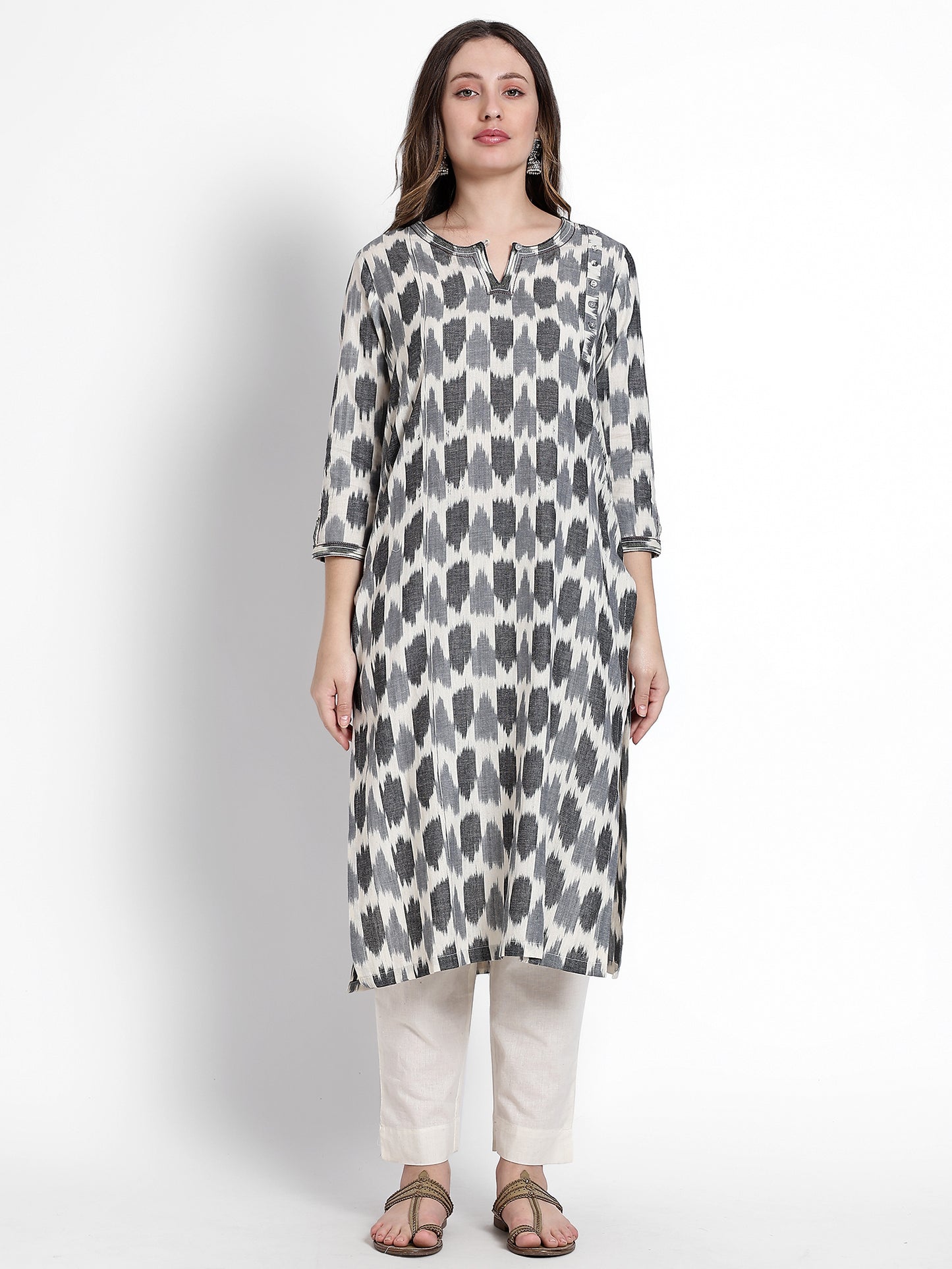 White Ikat Printed Kurta