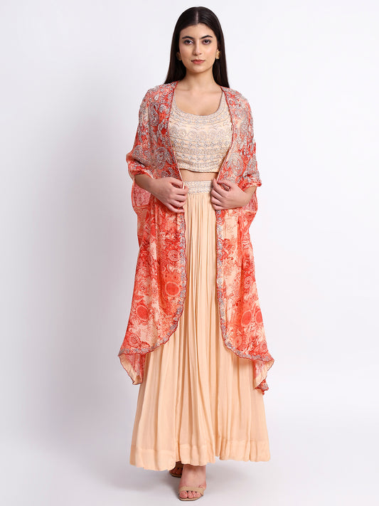 Peach Georgette Hand Embroidered Cape Set