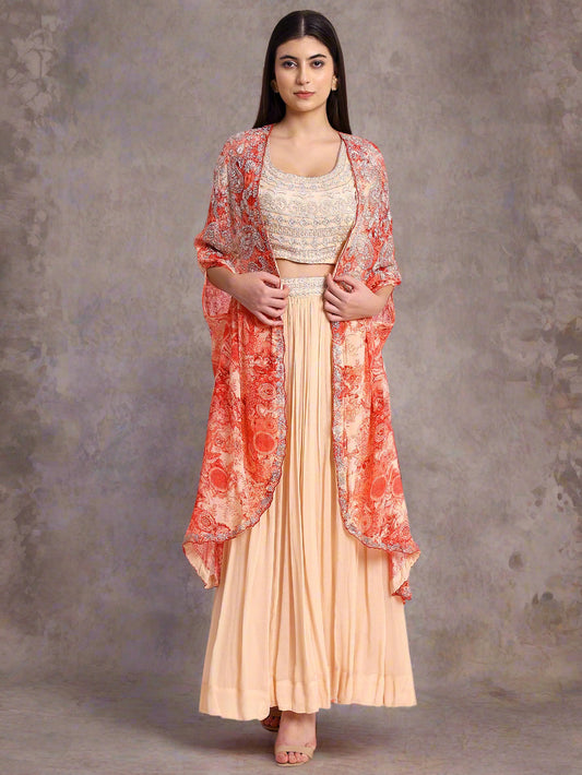 Peach Georgette Hand Embroidered Cape Set