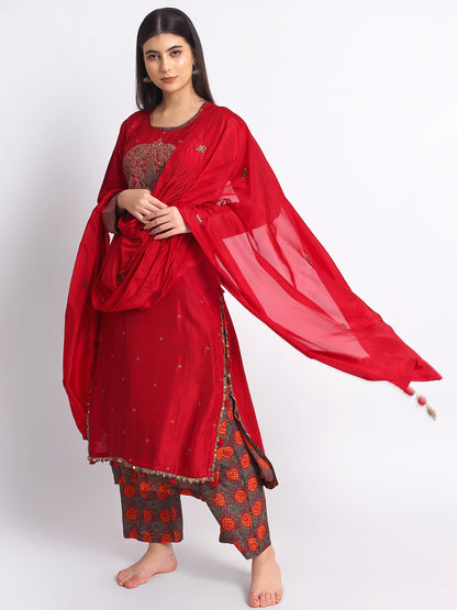 Red Muslin Silk Kurta Set