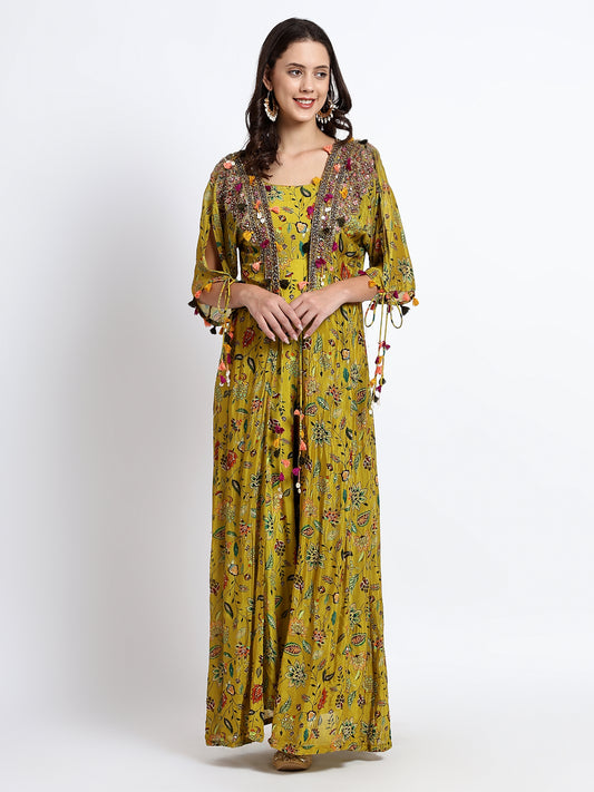 Gold Chinon Hand Embroidered Jumpsuit with Cape