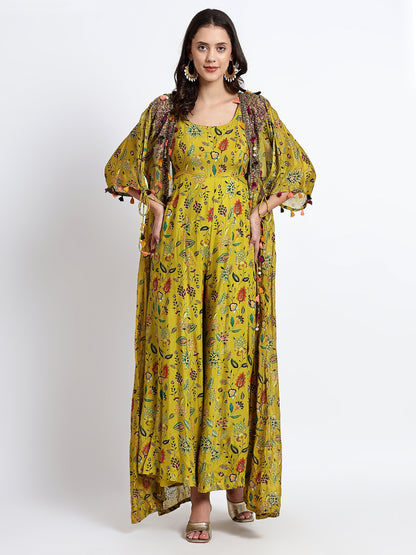 Gold Chinon Hand Embroidered Jumpsuit with Cape