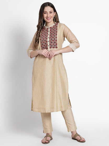 Beige Cotton Threadwork Suit Set