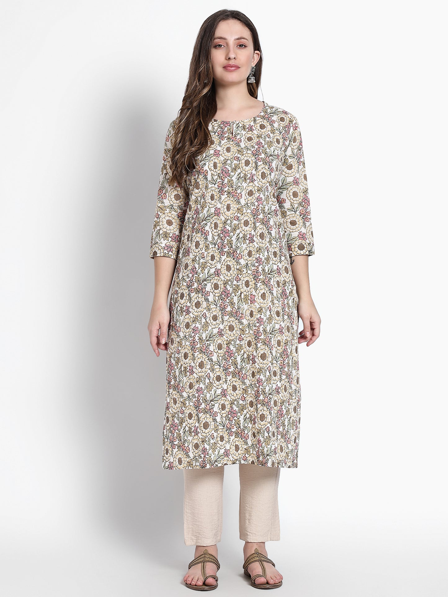 Floral Beige Printed Cotton Kurta