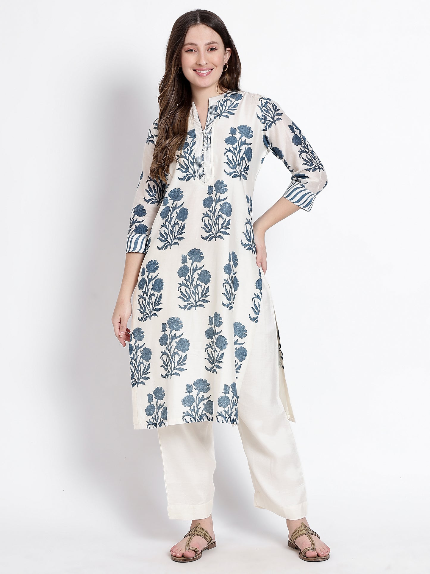 White Organic Cotton Grey Printed Kurta Set