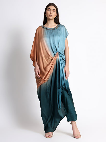 Blue Satin Kaftan With Pant