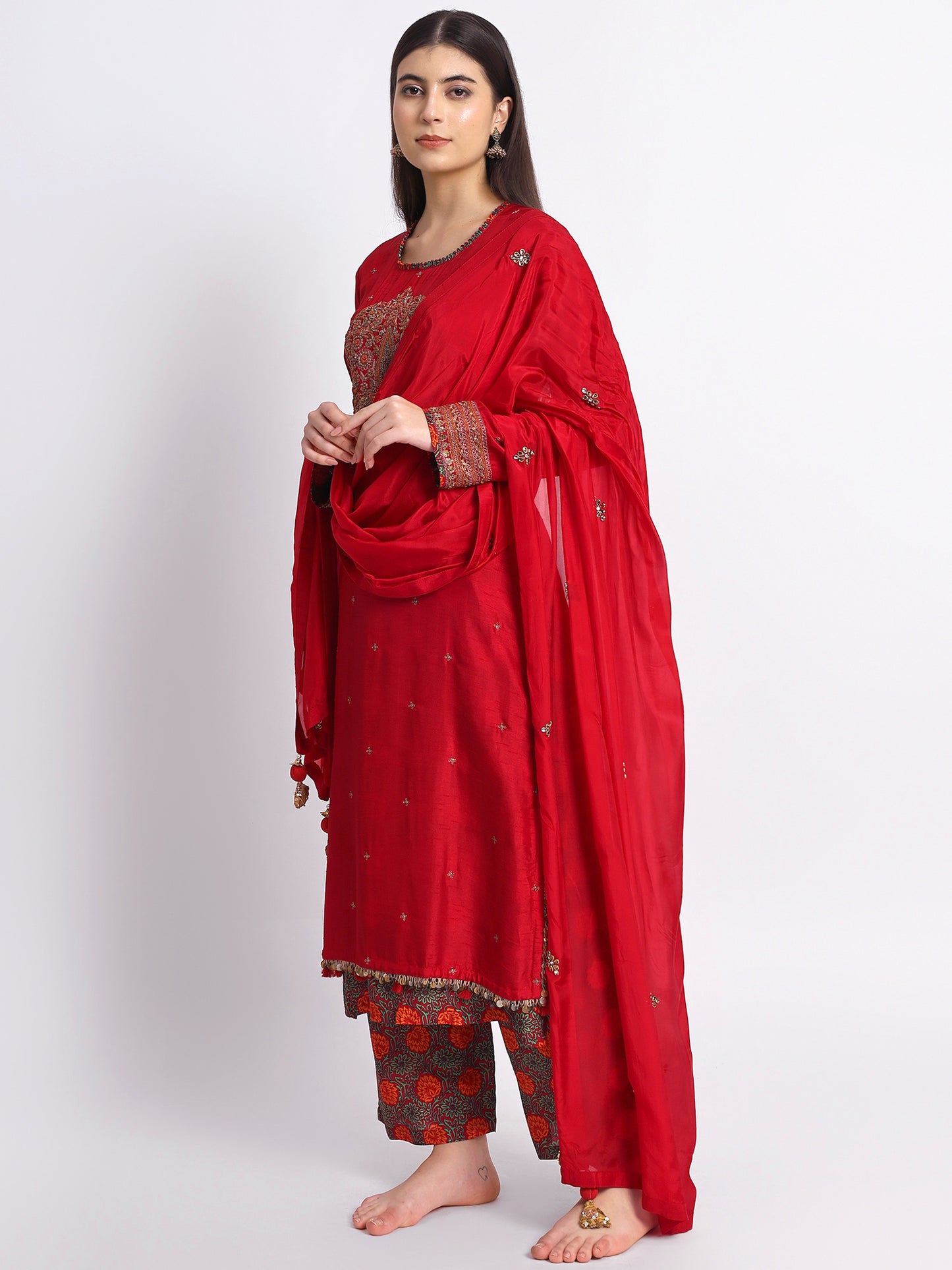 Red Muslin Silk Kurta Set