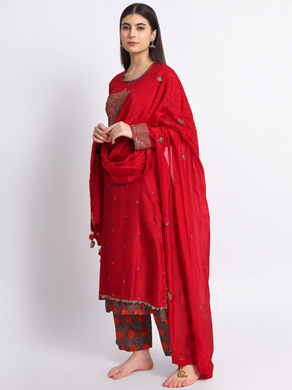 Red Muslin Silk Kurta Set