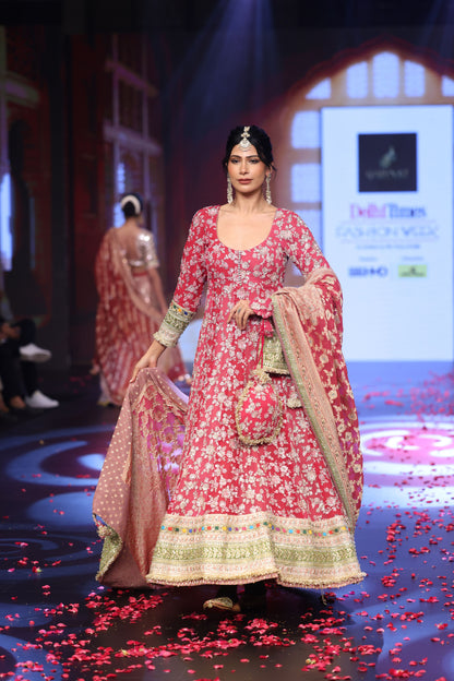 Ghungroo Crimson Red Hand-Embroidered Georgette Anarkali with Banarsi Dupatta