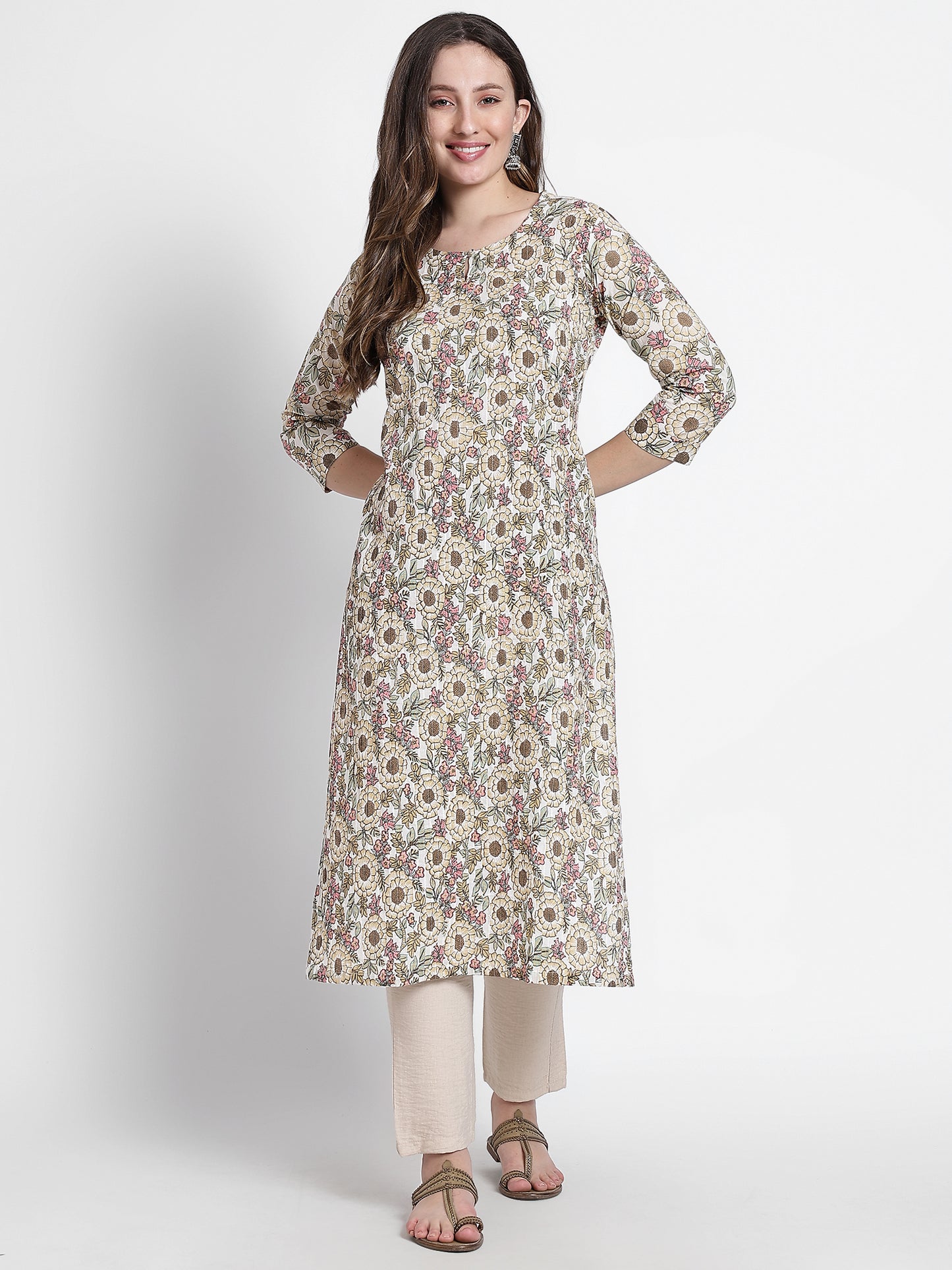 Floral Beige Printed Cotton Kurta