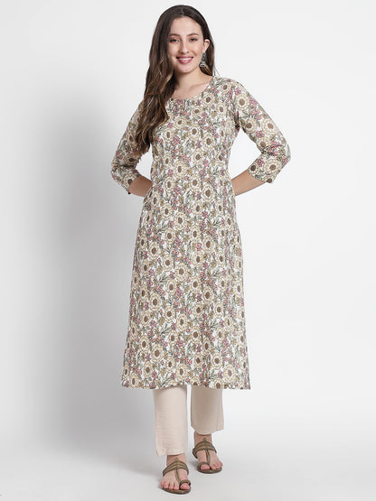 Floral Beige Printed Cotton Kurta