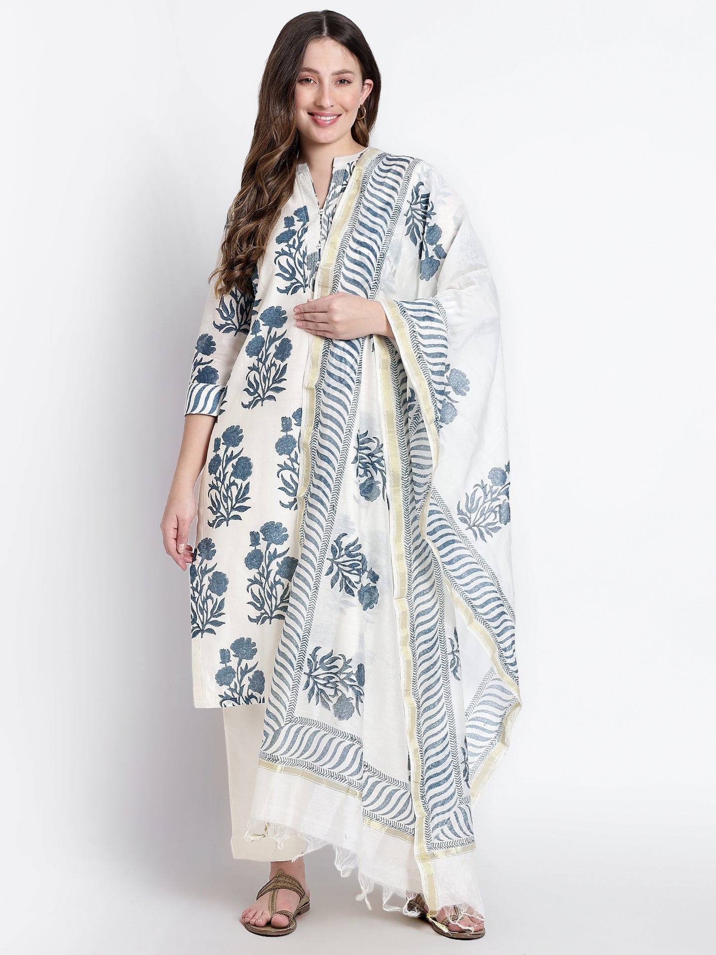 White Organic Cotton Grey Printed Kurta Set