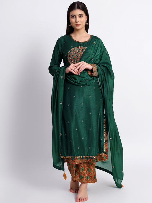 Green Muslin Silk Kurta Set