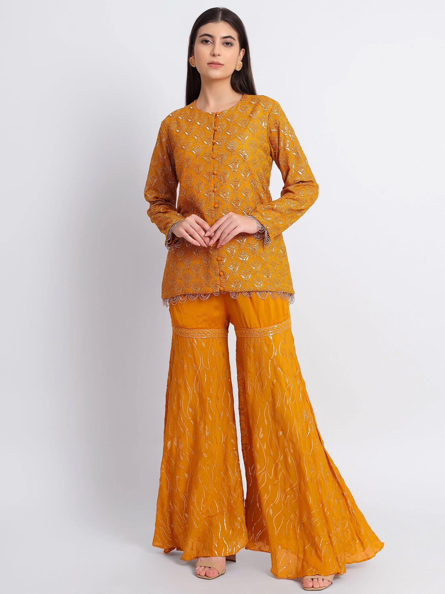 Orange Hand Georgette Embroidered Jacket Set