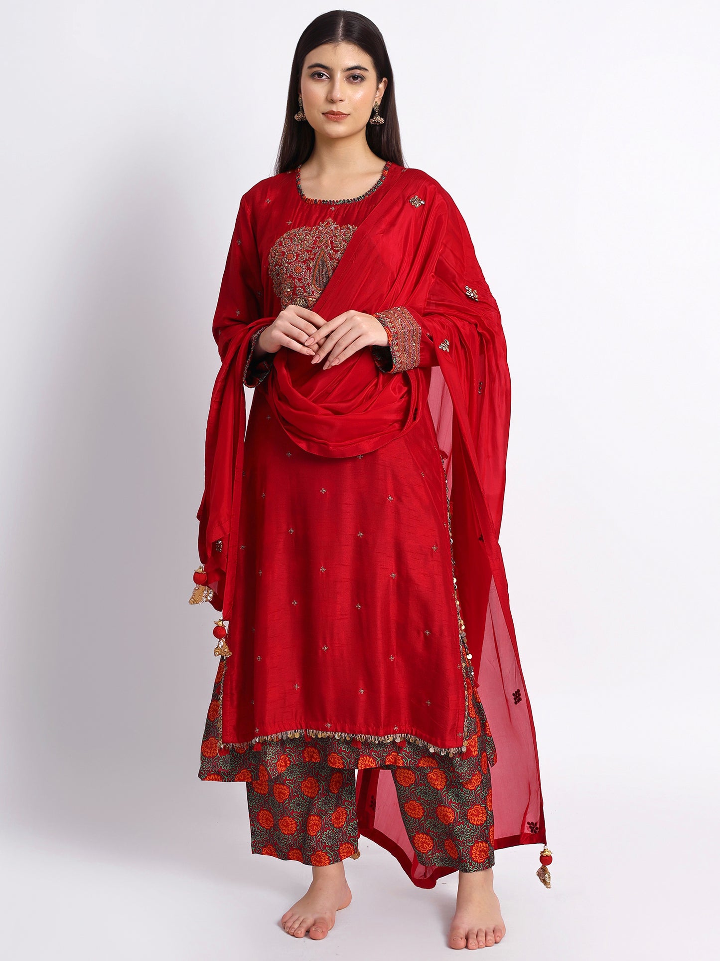 Red Muslin Silk Kurta Set