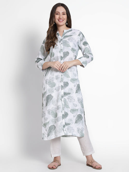 White Cotton Grey Printed Kurta