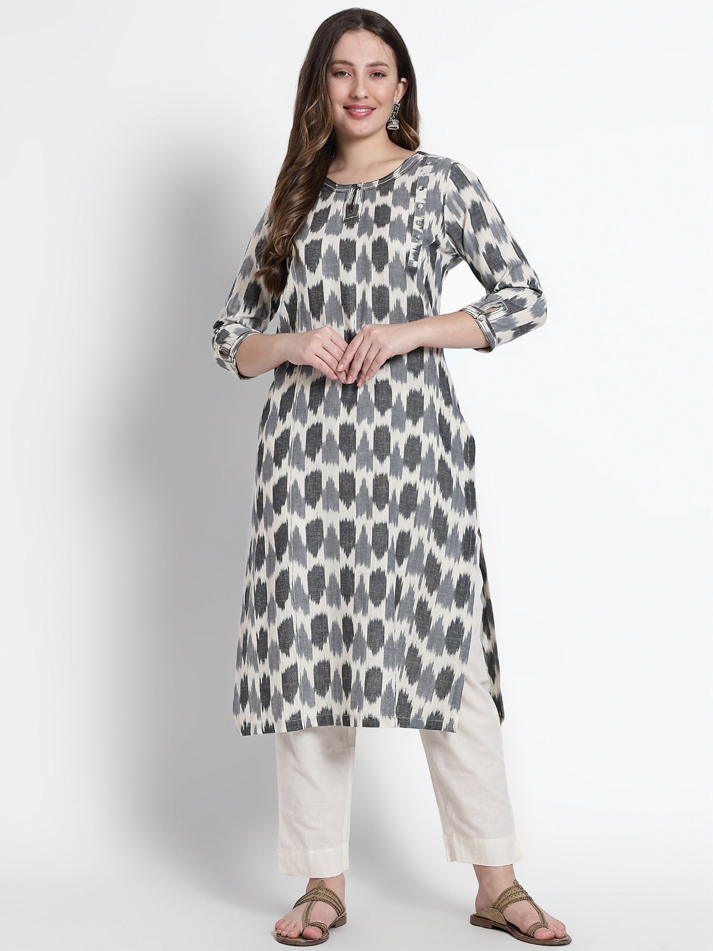 White Ikat Printed Kurta