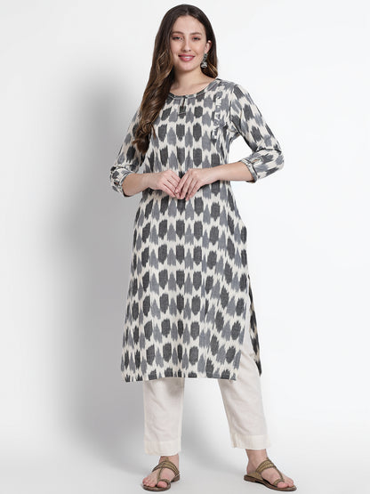 White Ikat Printed Kurta