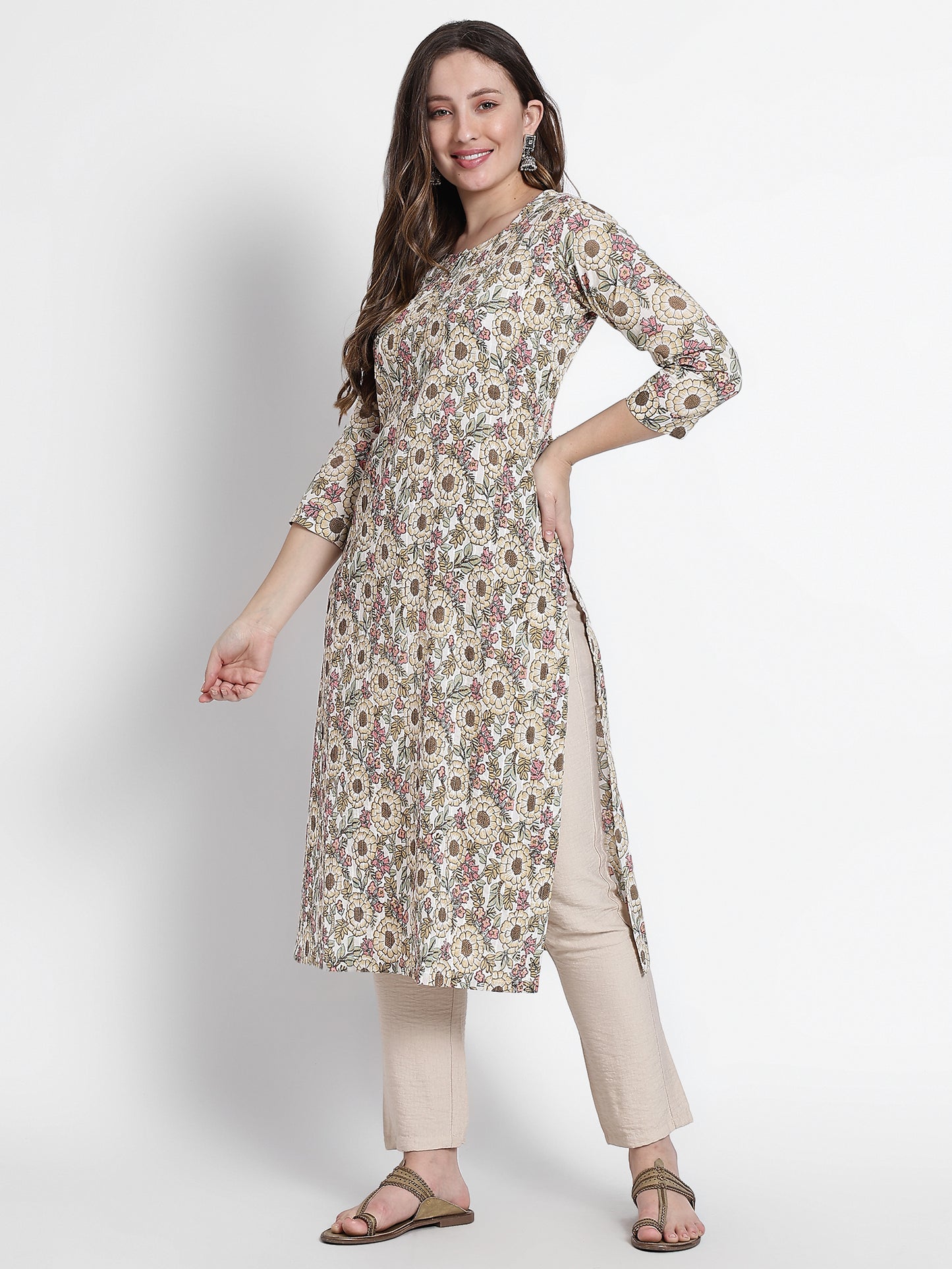 Floral Beige Printed Cotton Kurta