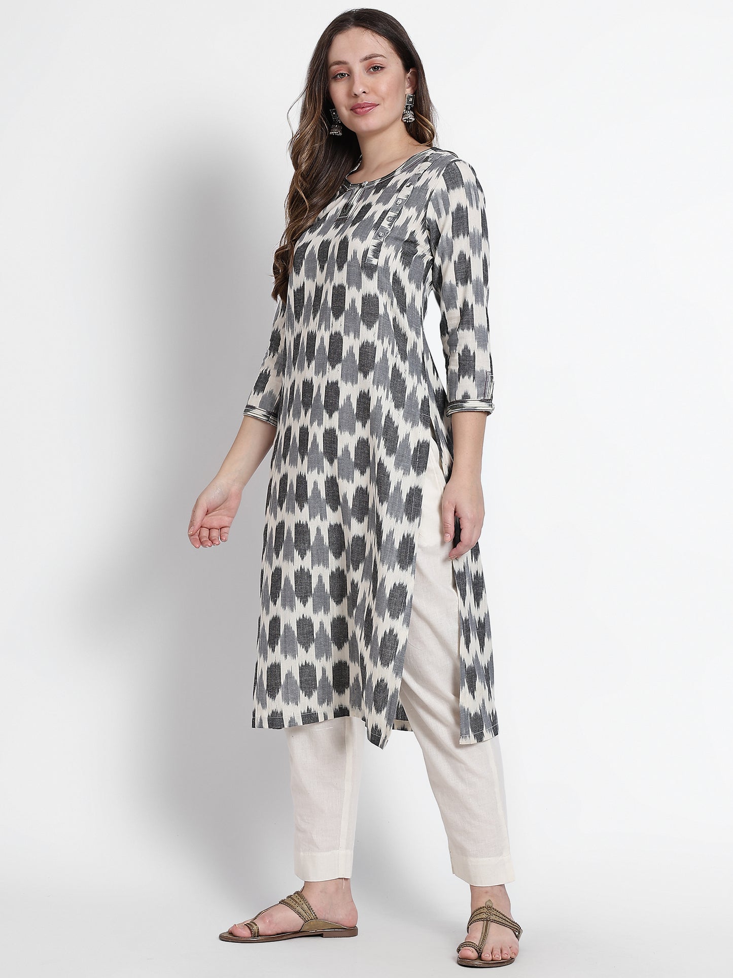 White Ikat Printed Kurta