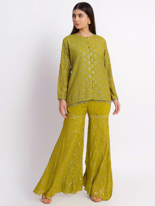 Lime Green Georgette Hand Embroidered Jacket Set