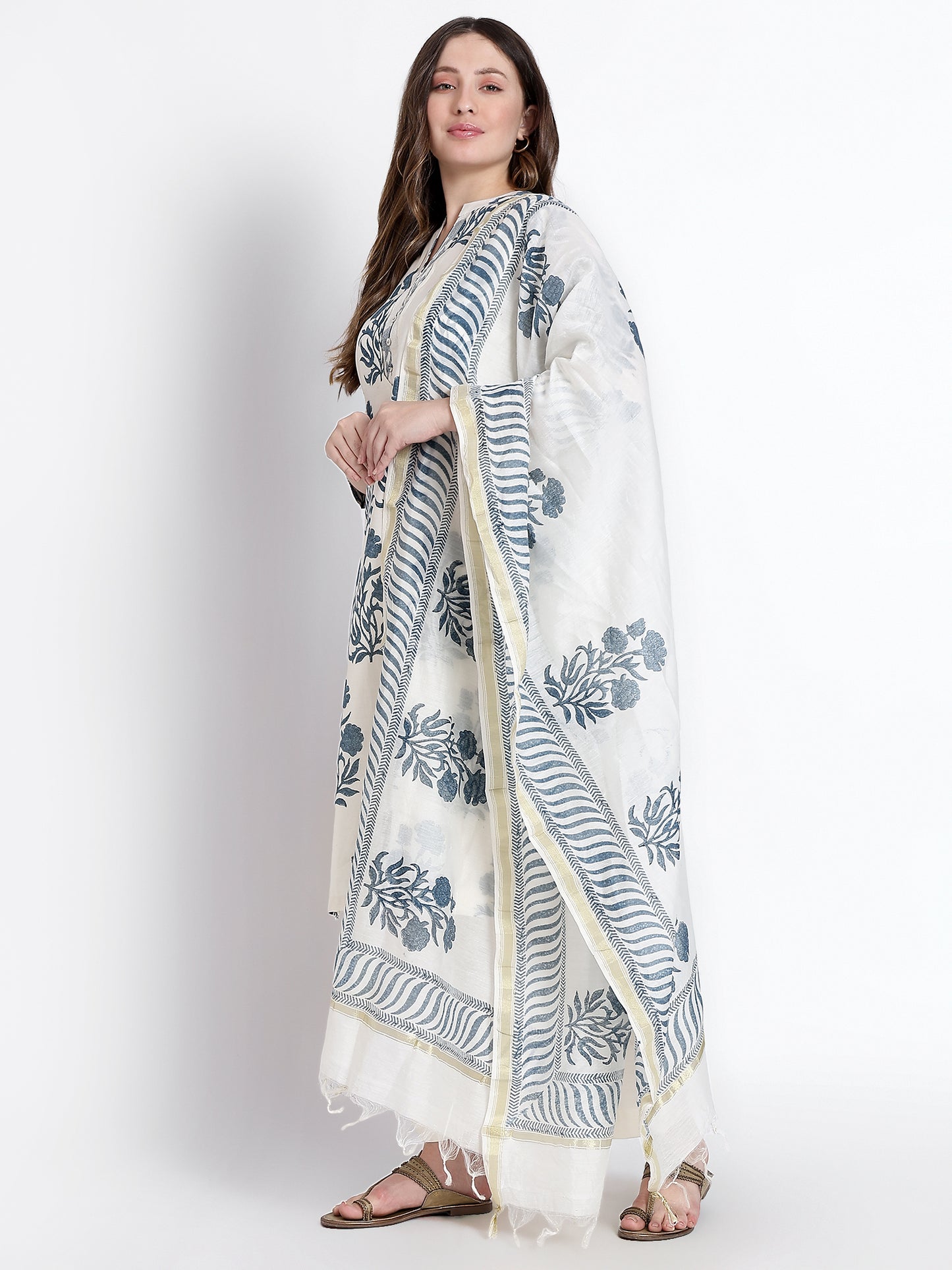 White Organic Cotton Grey Printed Kurta Set