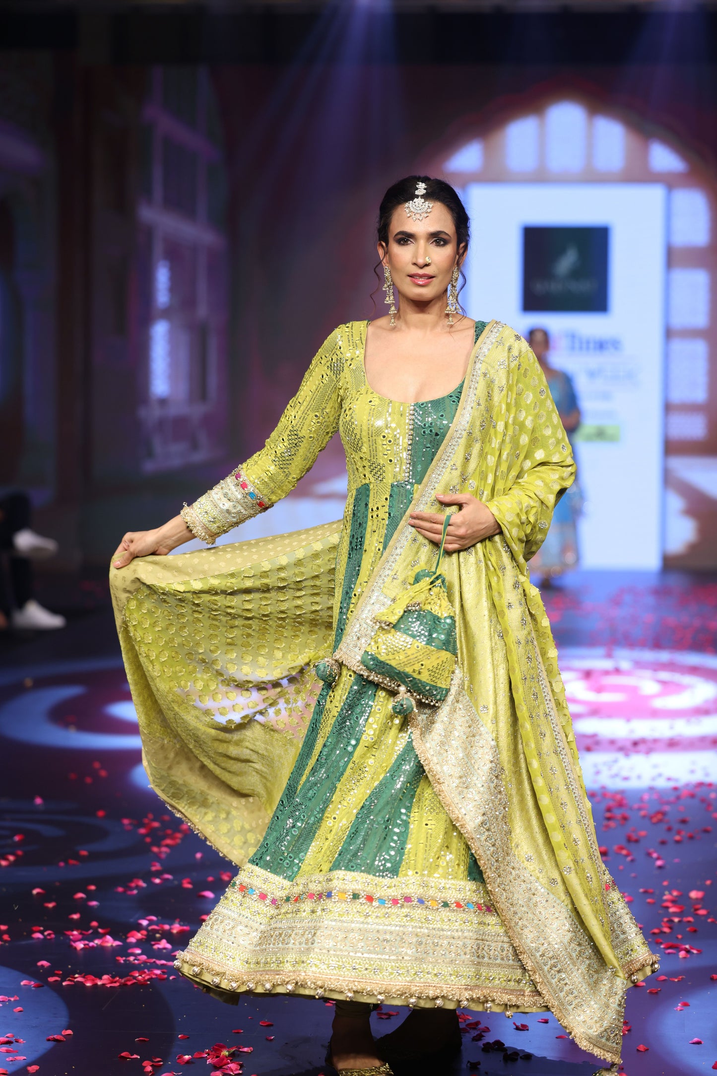 Ghungroo Lime & Green Hand Embroidered Mirror Work Silk Anarkali Set