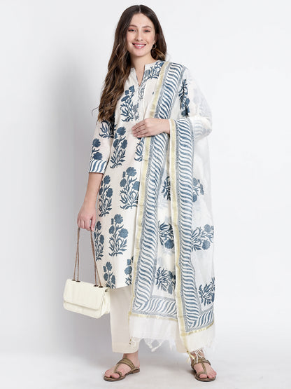 White Organic Cotton Grey Printed Kurta Set