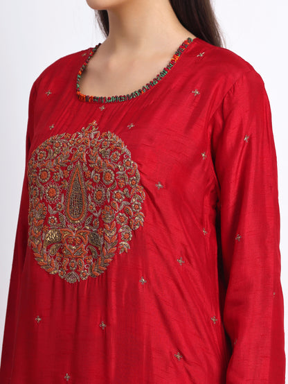 Red Muslin Silk Kurta Set