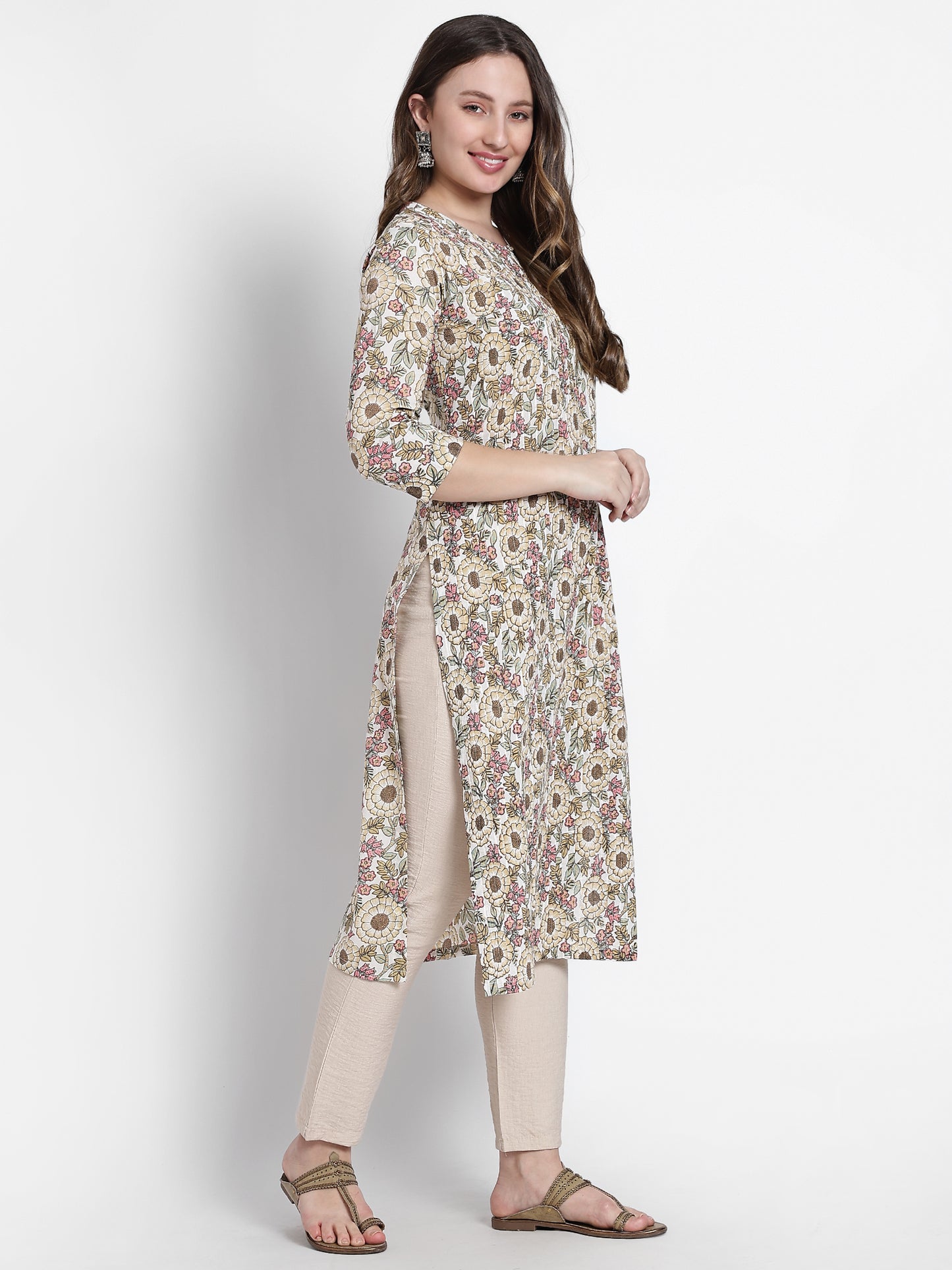 Floral Beige Printed Cotton Kurta