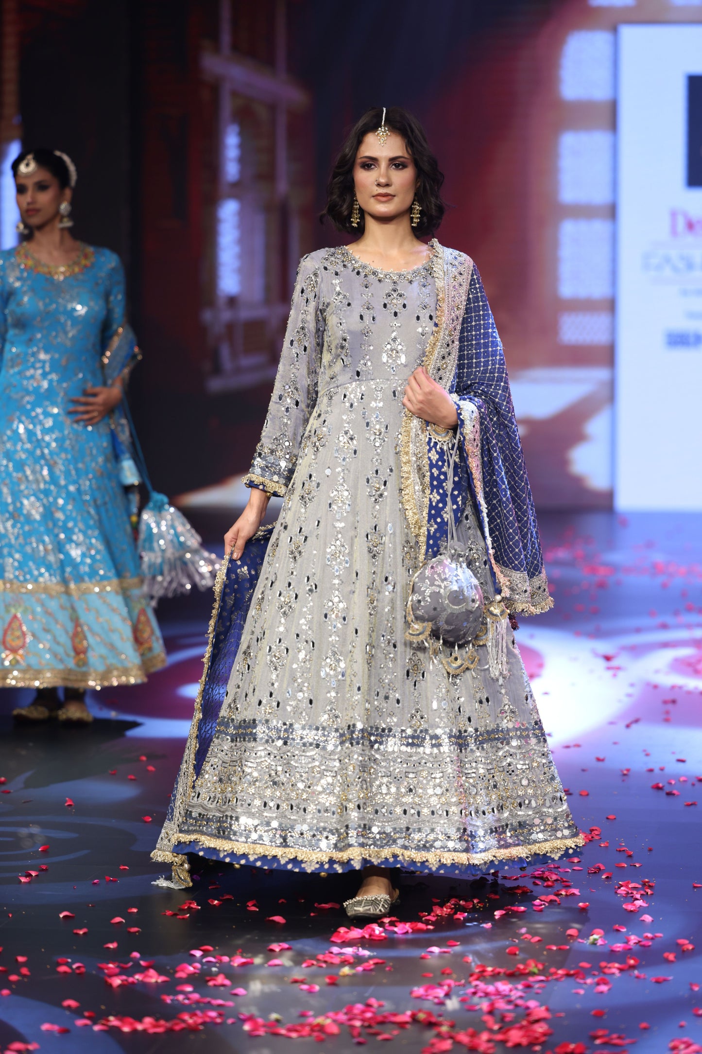 Ghungroo Gray Mirror Work Hand-Embroidered Anarkali with Hand-Embroidered Cobalt Blue Dupatta