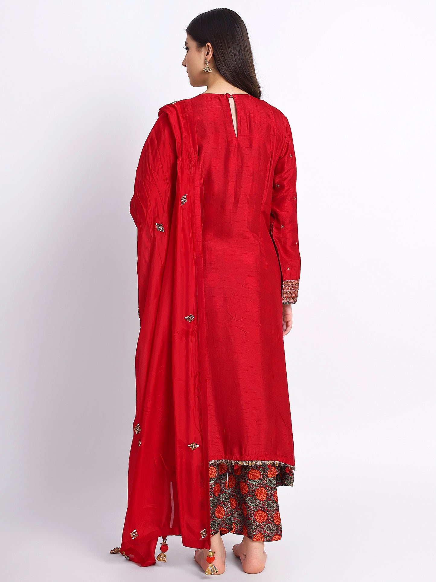 Red Muslin Silk Kurta Set