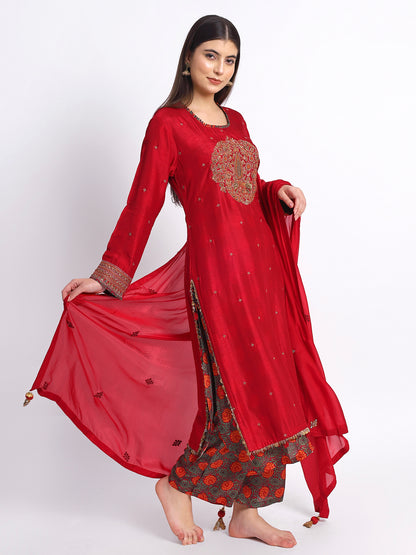 Red Muslin Silk Kurta Set