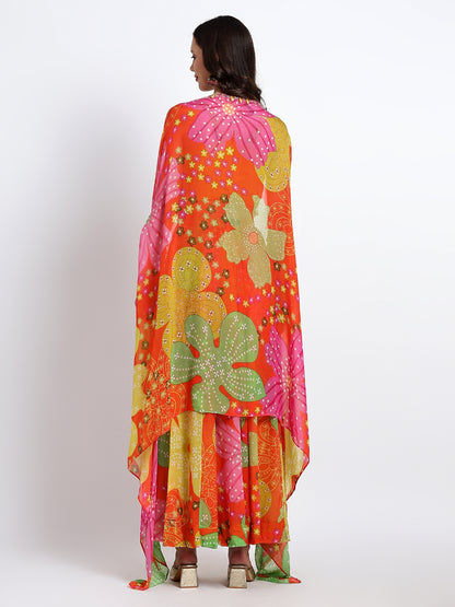Orange Hand-Embroidered Cape Set with Flared Pants